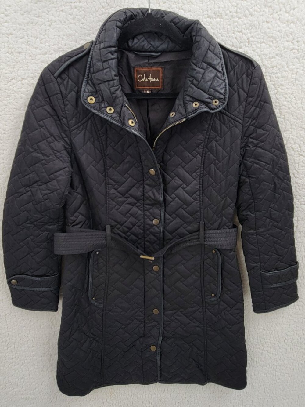 Cole Haan Signature Black Basketweave Quilted Belted Coat Lambskin Trim Women S